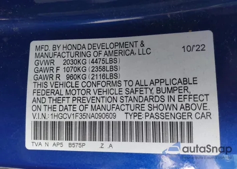 2022 Honda Accord Sport z USA, uszkodzony, nr VIN 1HGCV1F35NA090609